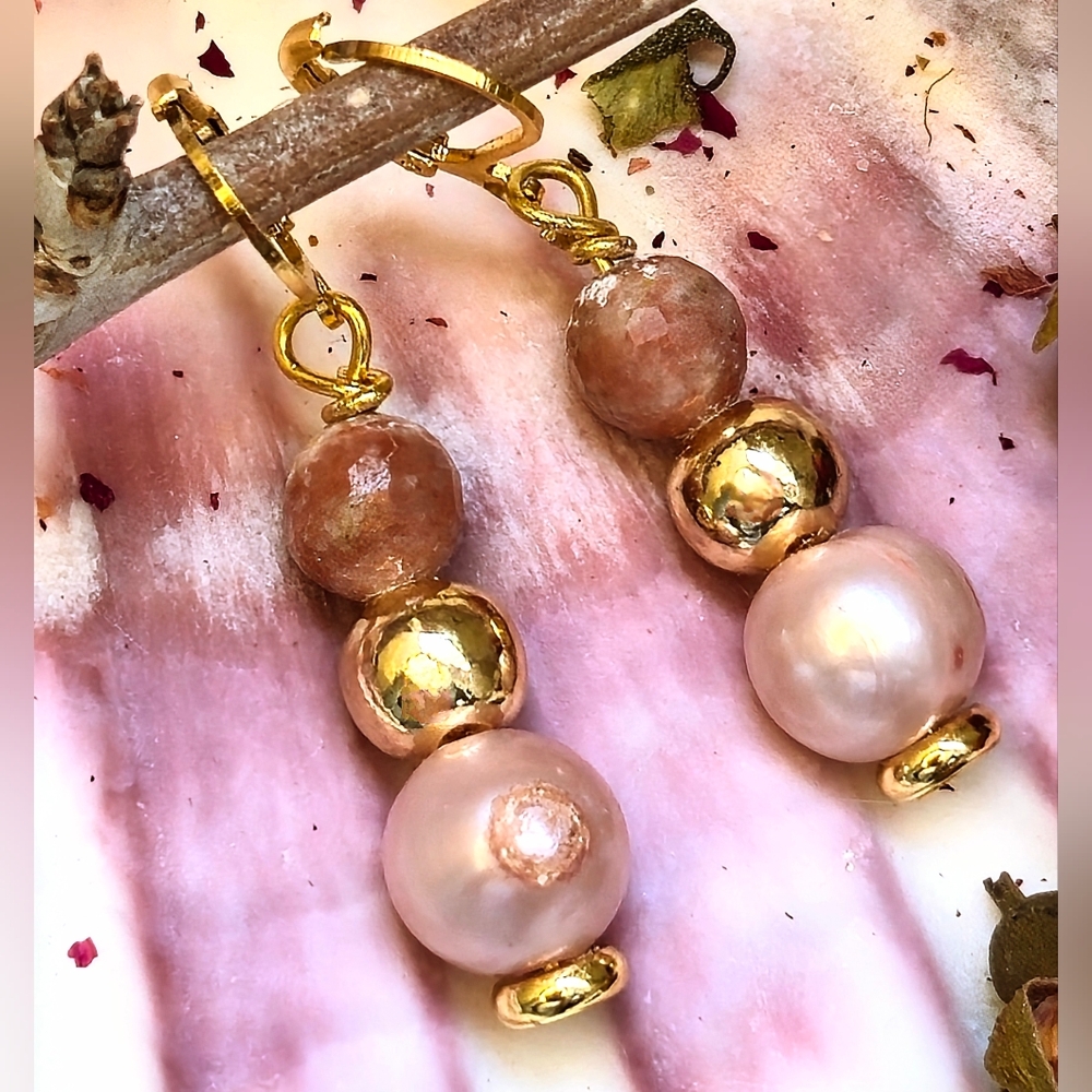 Natural Pink Plum Blosson Jasper &  Pink Freshwater Pearl Minimalist Earrings